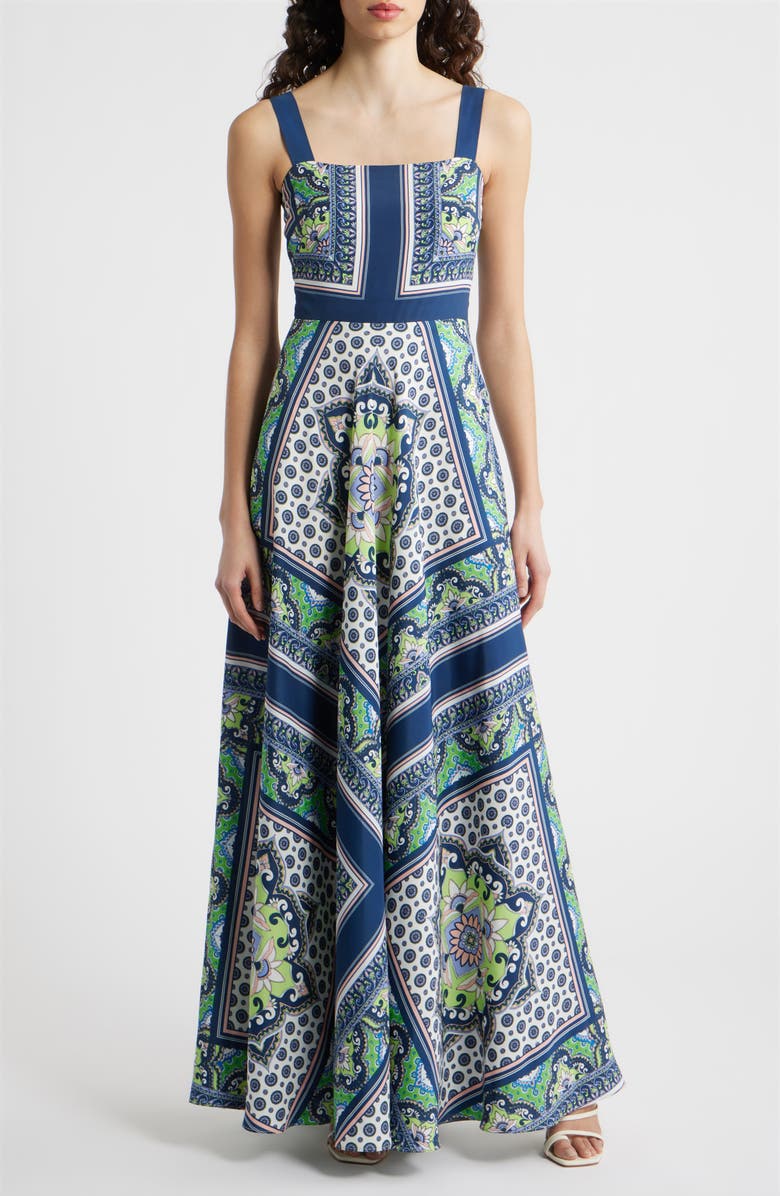Eliza J Scarf Print Sleeveless Maxi Dress, Main, color, Nvy Lime