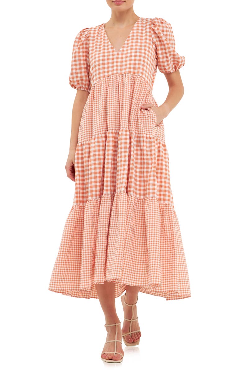 English Factory Mixed Gingham Tiered Dress, Alternate, color, Sienna