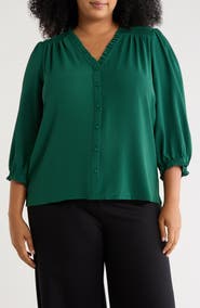 CeCe Ruffle Trim V-Neck Button-Up Top