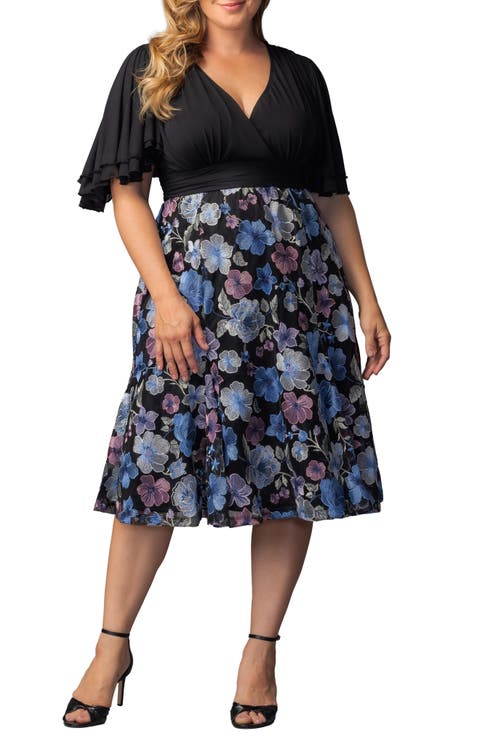 Lillian Embroidered Flutter Sleeve Cocktail Dress (Plus)