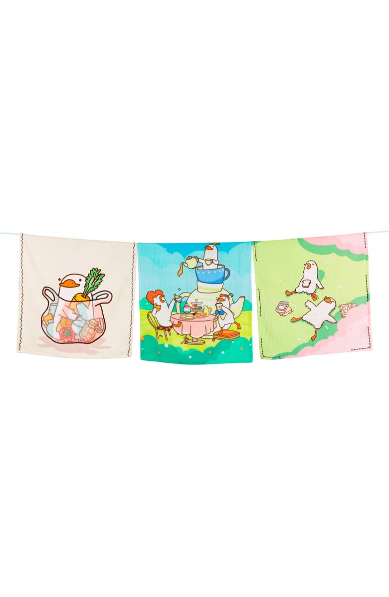 Tiramisu The Gaggle of Geese Set of 3 Kitchen Towels, Main, color, Pink/ Green/ Blue