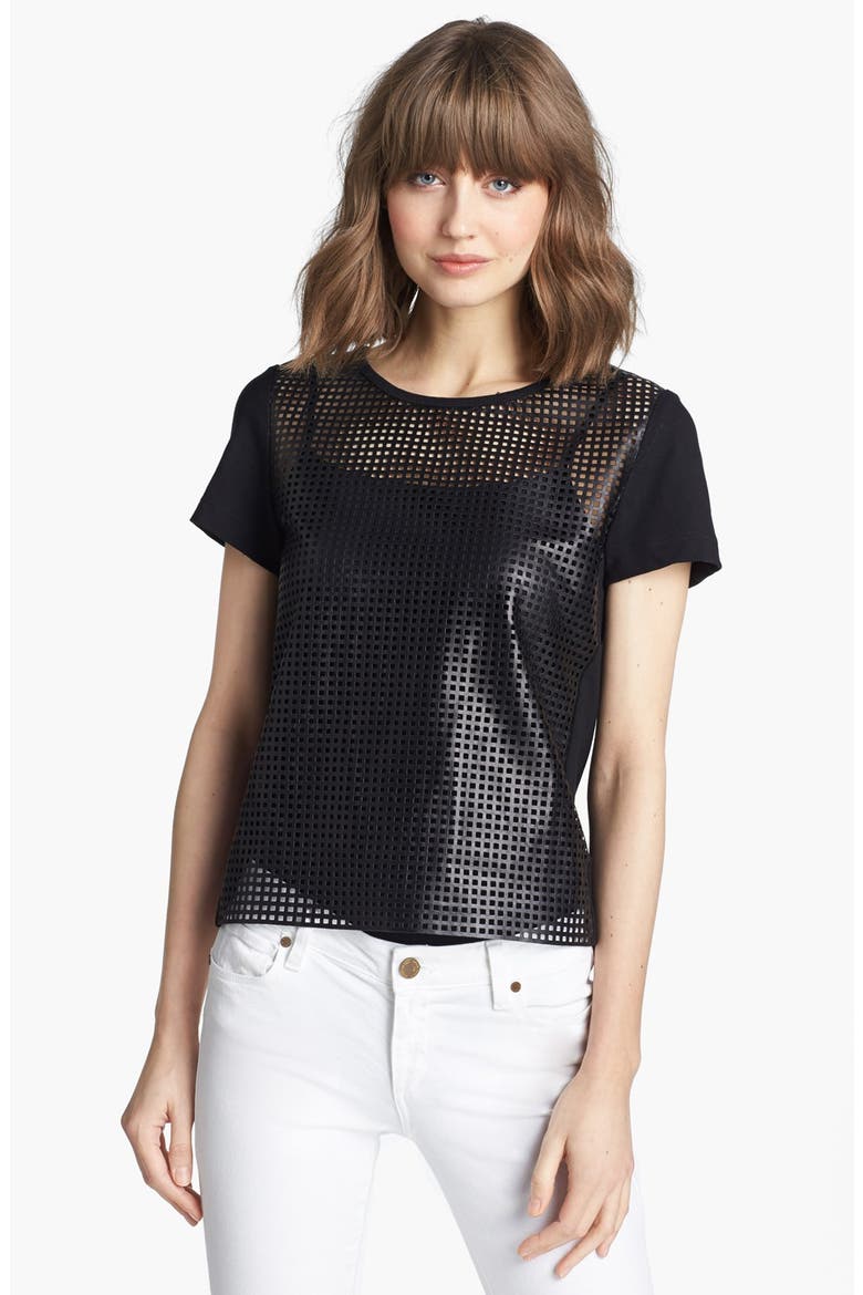Perforated Leather Tee, Main, color, BLACK