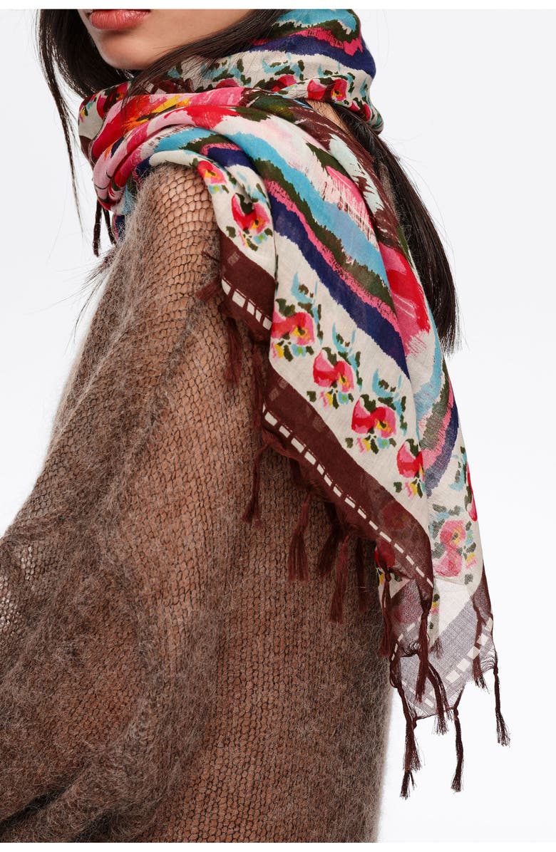 Bimba y Lola Ikat Flower Patchwork Shawl, Alternate, color, Burgundy
