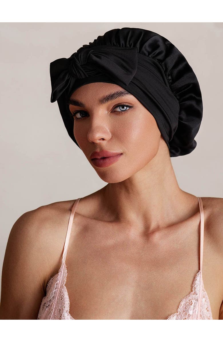 SILKSILKY Pure Silk Bowknot Tie Bonnet, Alternate, color, Black