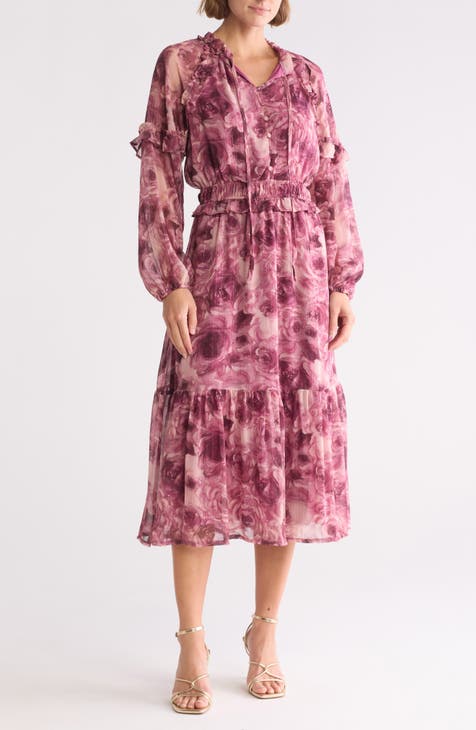 Floral Long Sleeve Ruffle Chiffon Midi Dress