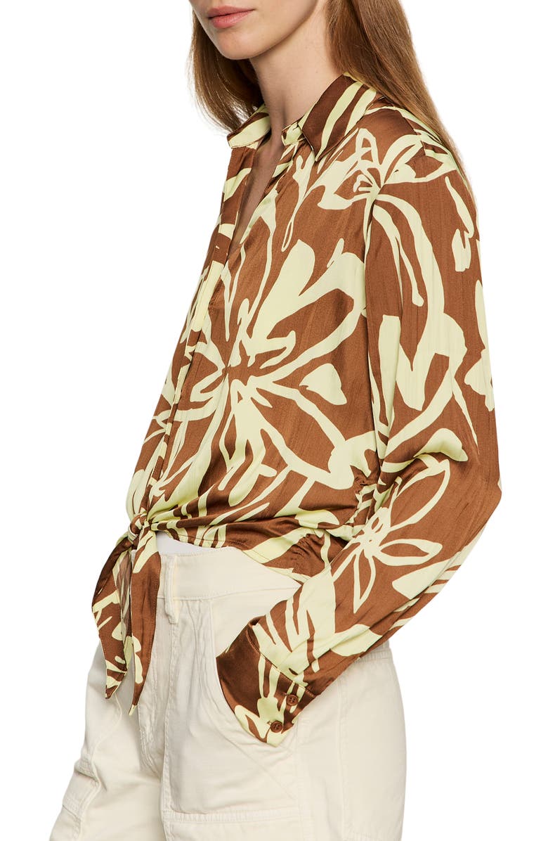 Sanctuary Lover Print Tie Hem Crop Sateen Shirt, Alternate, color, Lemon Root Brown