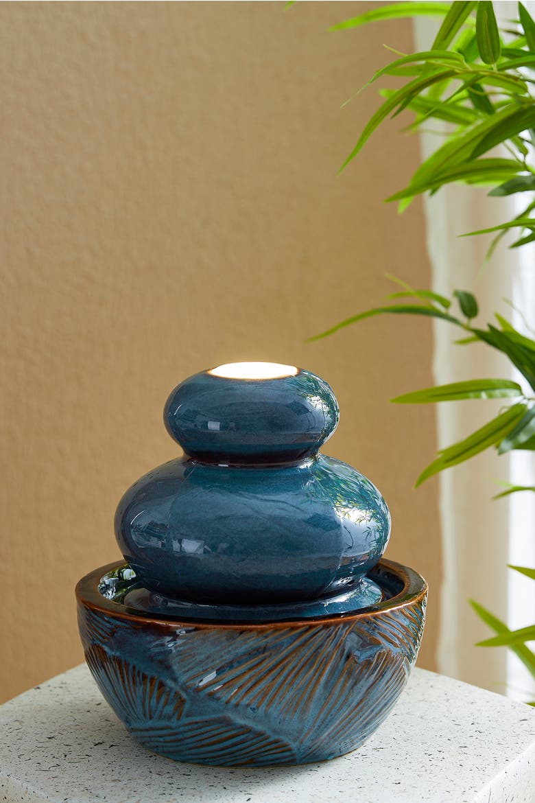 Ceramic Leaf Textured Tabletop Fountain with Pump and LED Light, Alternate, color, Turquoise