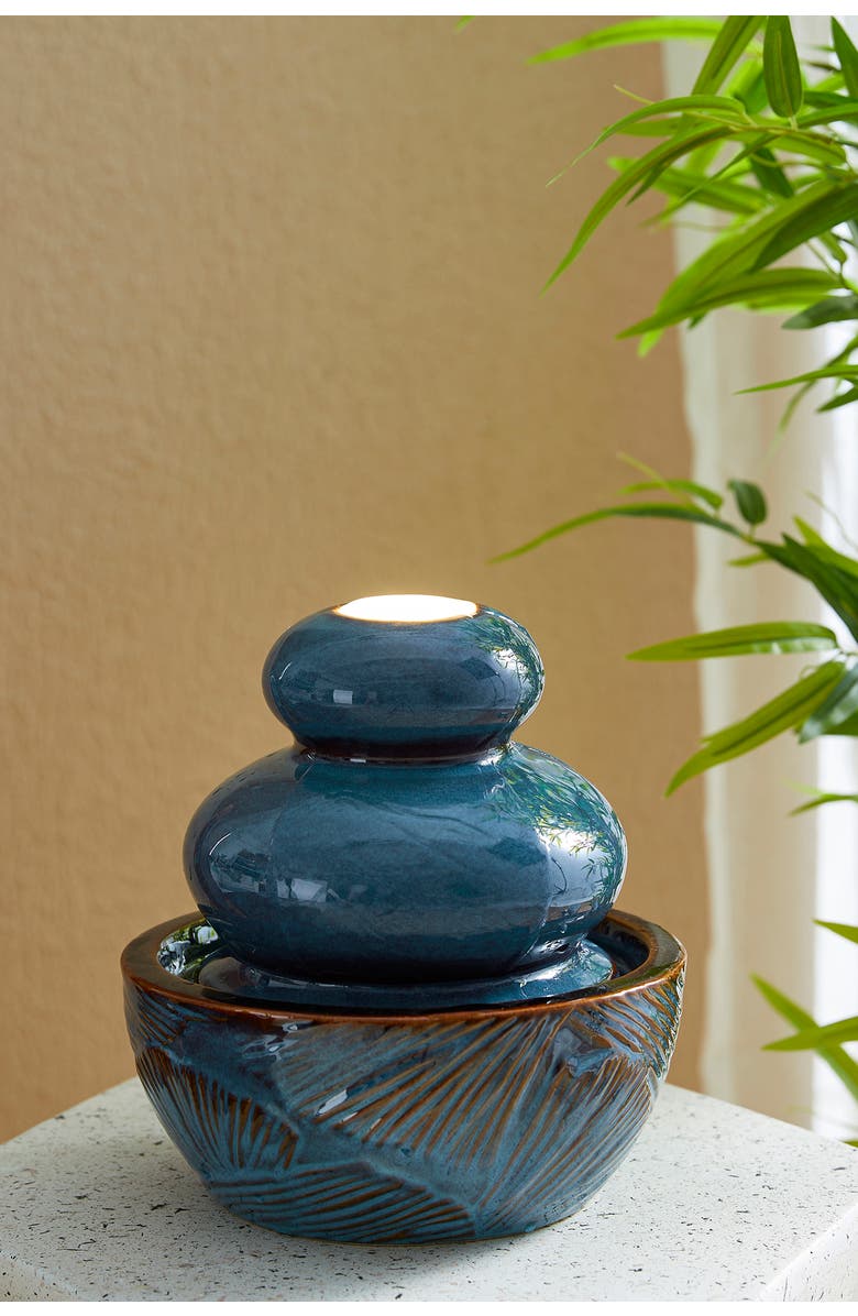 Glitzhome Ceramic Leaf Textured Tabletop Fountain with Pump and LED Light, Alternate, color, Turquoise