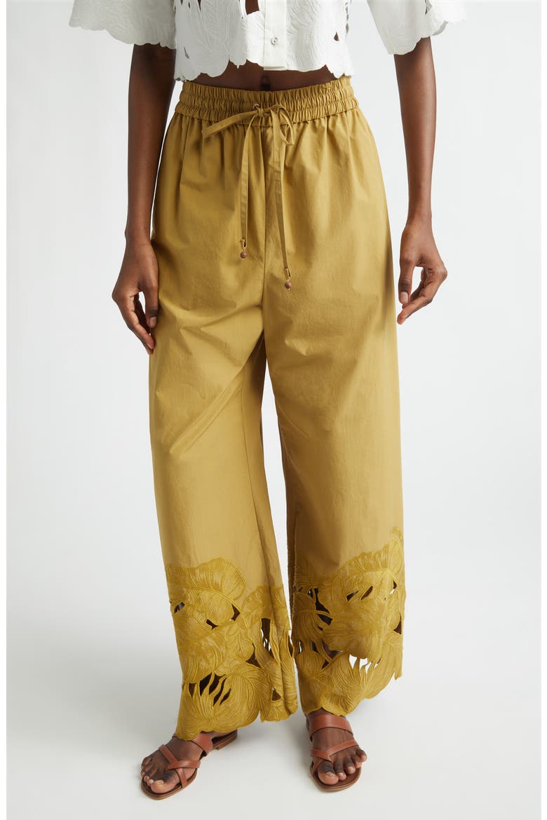Mahon Embroidered Cutwork Cotton Wide Leg Ankle Pants, Main, color, MOSS