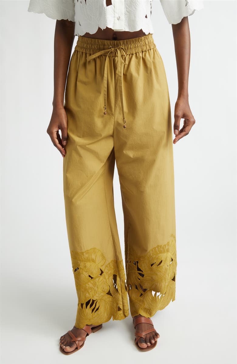 Zimmermann Mahon Embroidered Cutwork Cotton Wide Leg Ankle Pants, Main, color, Moss