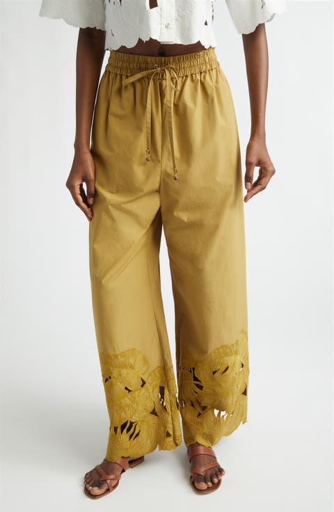 Mahon Embroidered Cutwork Cotton Wide Leg Ankle Pants