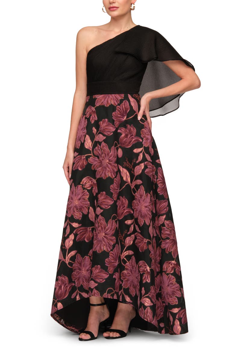 Winifred One-Shoulder Metallic Floral Jacquard Mixed Media Organza Gown, Alternate, color, BLACK MULTI