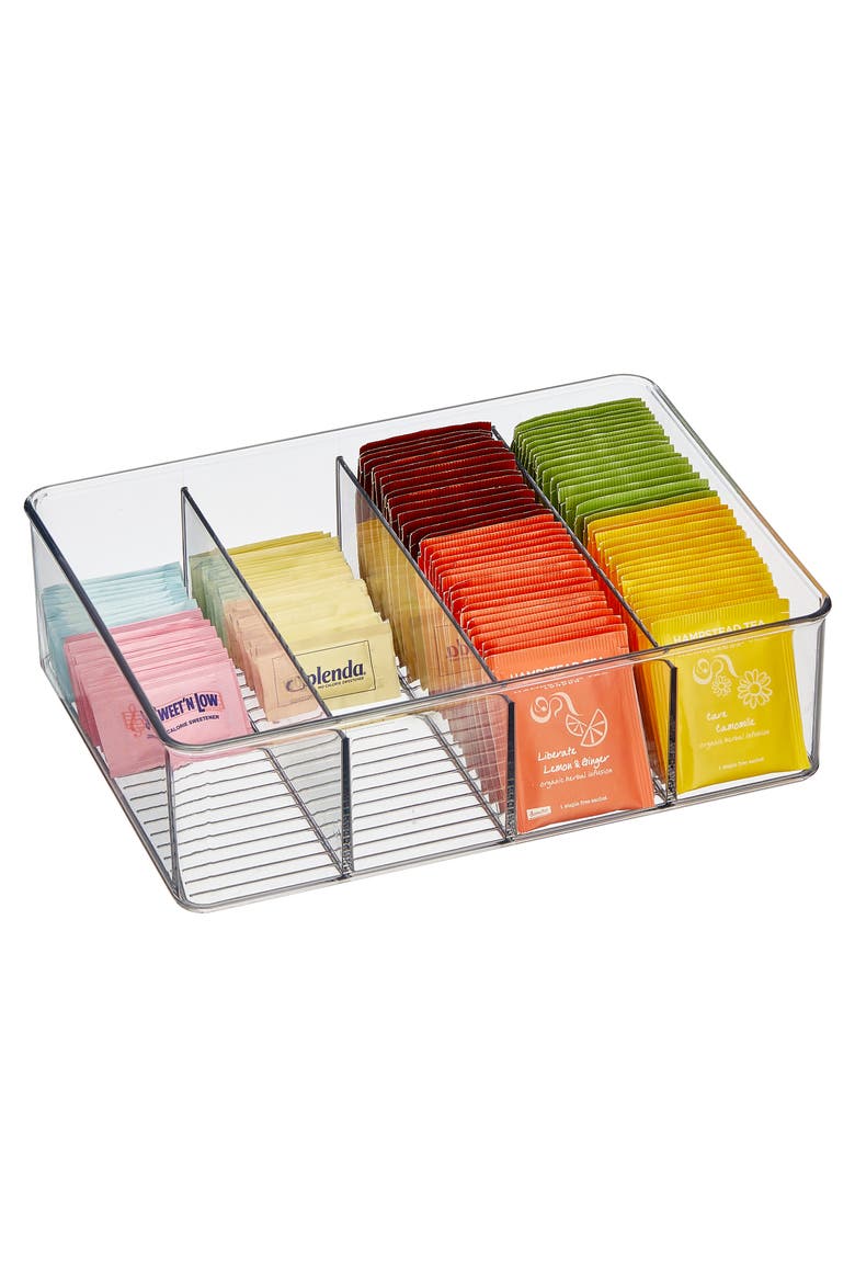 4-Section Storage Bin for Tea Bags, Sweeteners, and Spices in Pantry or Cabinet, Clear, Main, color, Clear