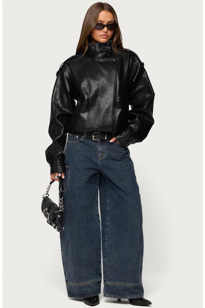 Jaicee Stand Collar Faux Leather Jacket, Alternate, color, BLACK