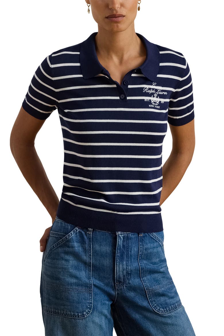 Stripe Cotton Blend Polo Top, Main, color, REFINED NAVY BLUE/ WHITE