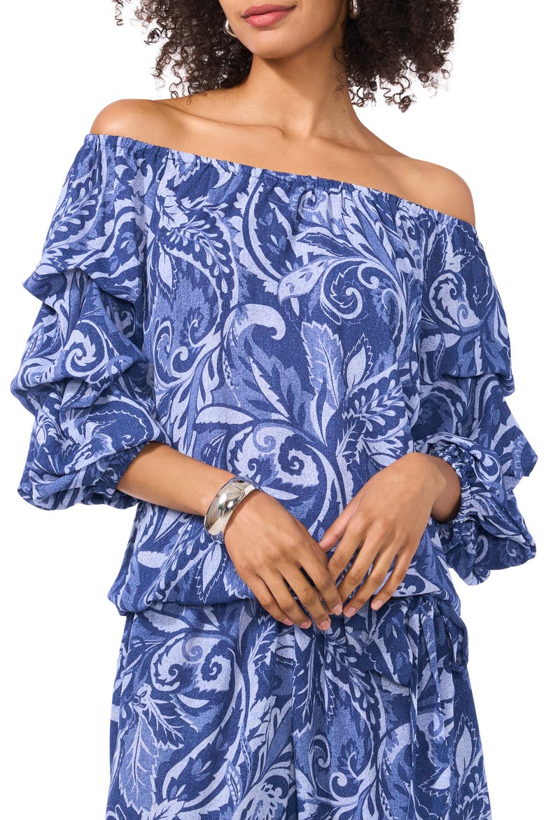Paisley Floral Off the Shoulder Bubble Sleeve Top, Main, color, DENIM