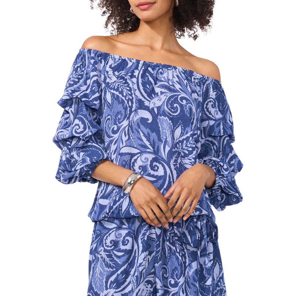 Shop Vince Camuto Paisley Floral Off The Shoulder Bubble Sleeve Top In Denim