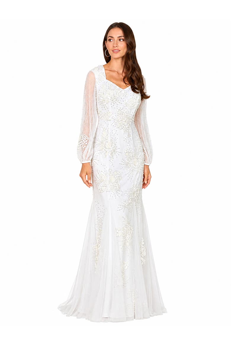Long Sleeve Beaded Bridal Gown, Alternate, color, Ivory