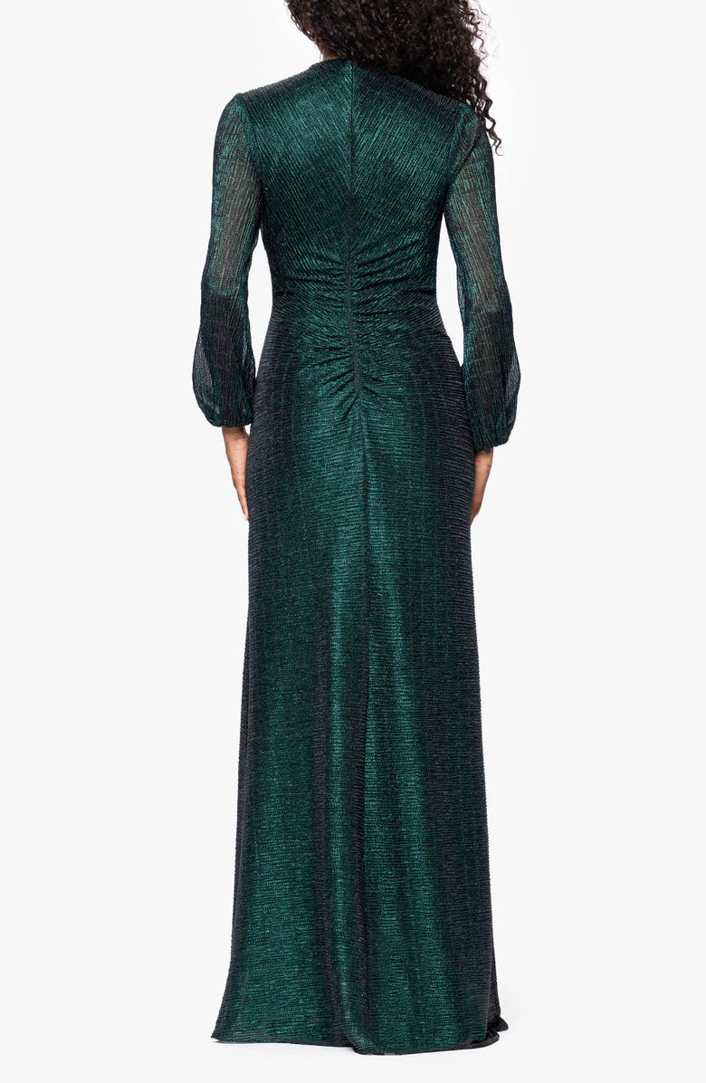 Betsy & Adam Metallic Crinkle Long Sleeve Sheath Gown, Alternate, color, Black/ Emerald