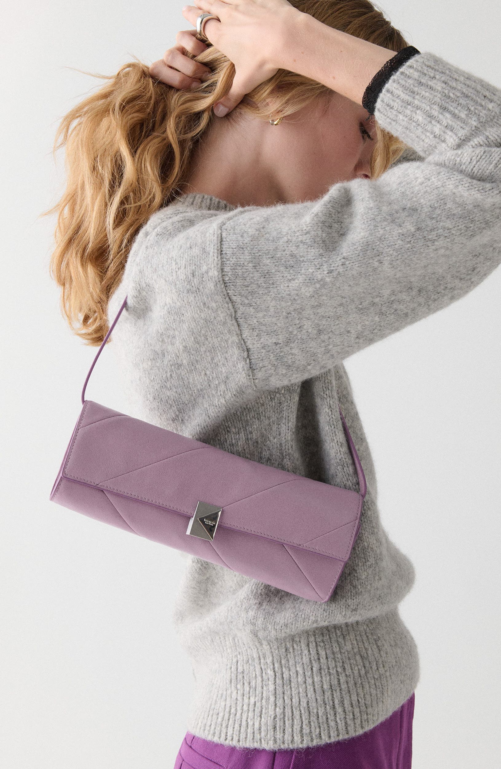 Kate Spade New York deco pieced soft glazed leather shoulder bag, Alternate, color, Market Purple