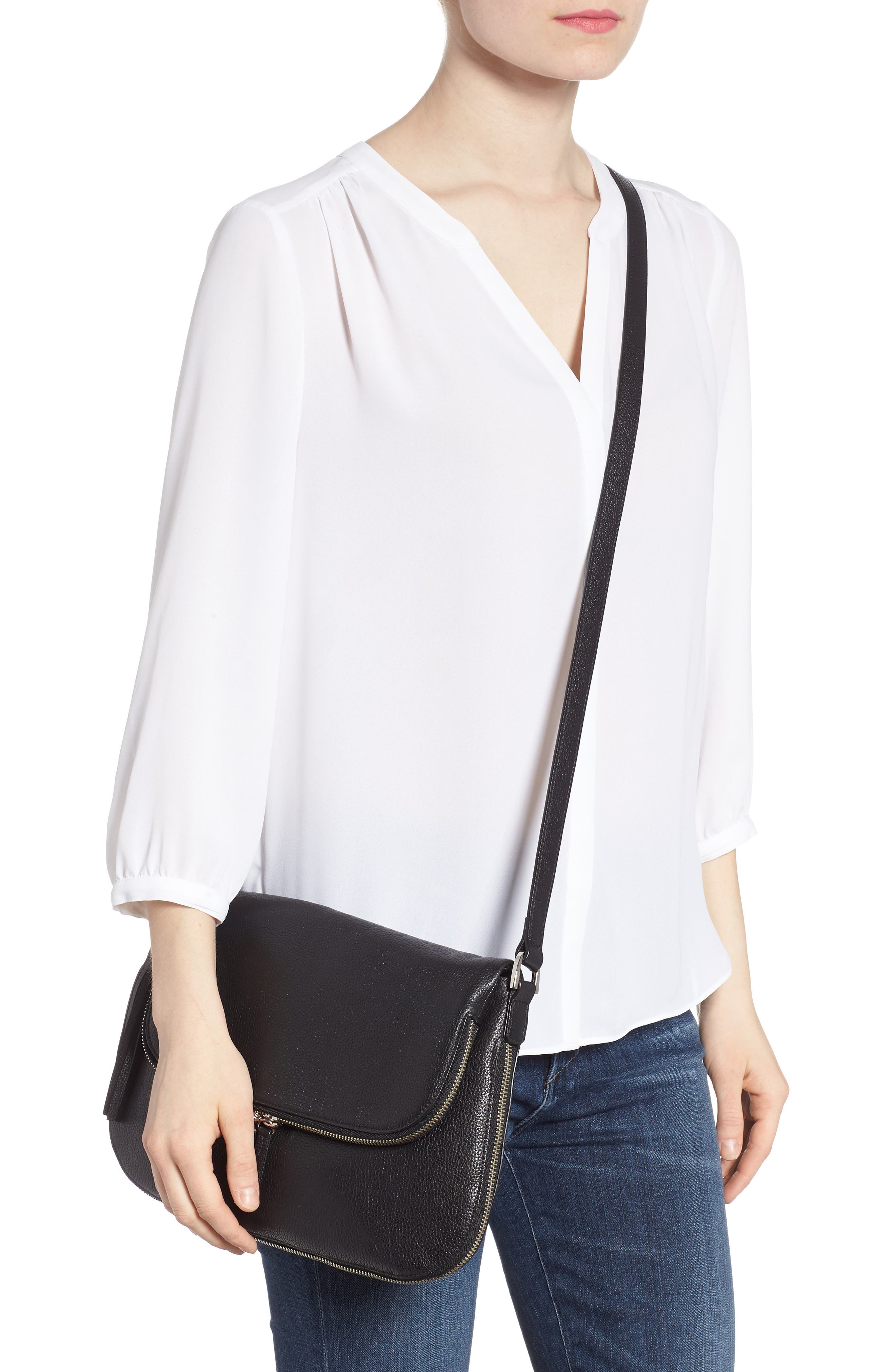Kara Leather Expandable Crossbody Bag, Alternate, color, BLACK