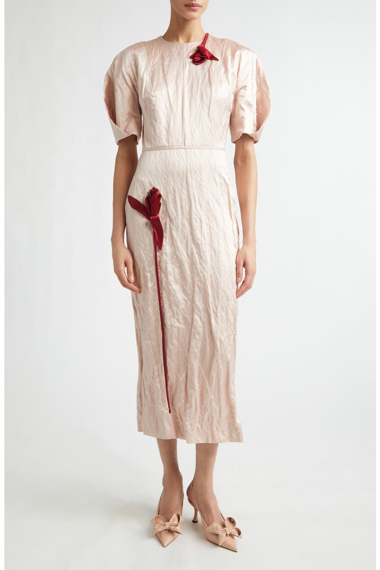 Tulip Appliqué Crinkled Metallic Satin Gown, Main, color, CAMEO PINK
