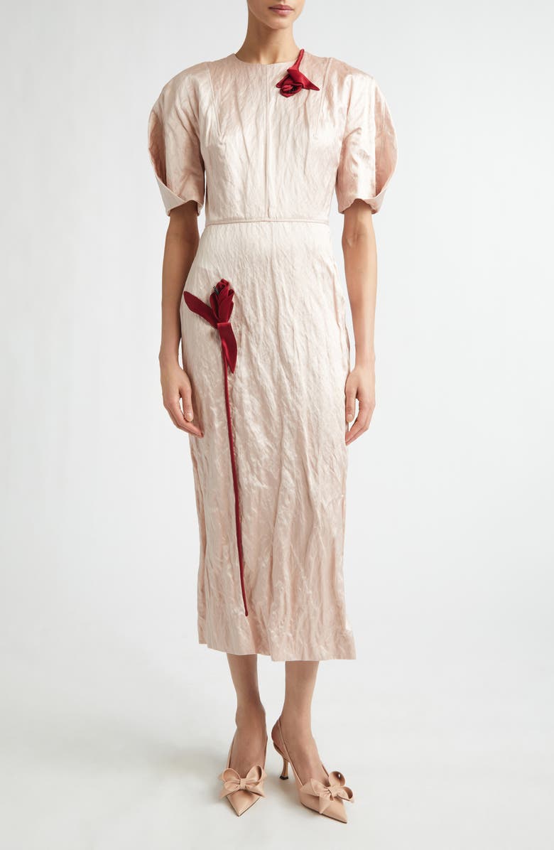 Erdem Tulip Appliqué Crinkled Metallic Satin Gown, Main, color, Cameo Pink