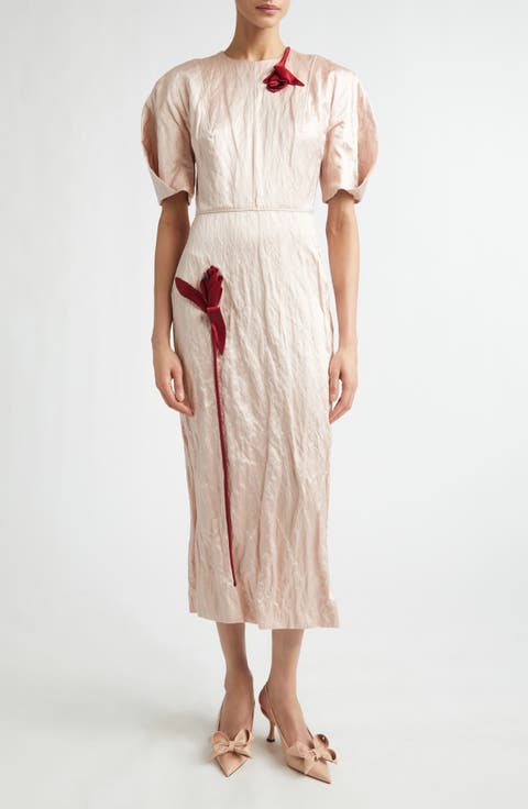 Tulip Appliqué Crinkled Metallic Satin Gown