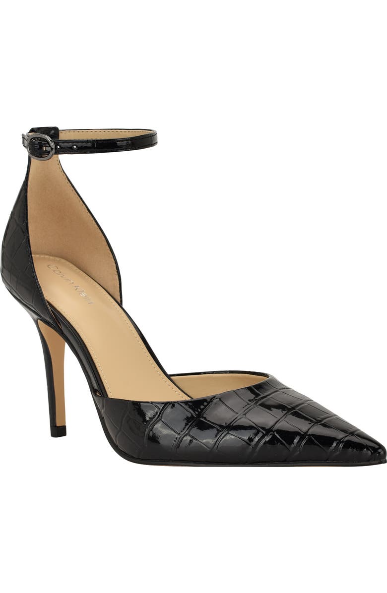 Calvin Klein Olettia Ankle Strap Pointed Toe Pump, Main, color, Black Leather