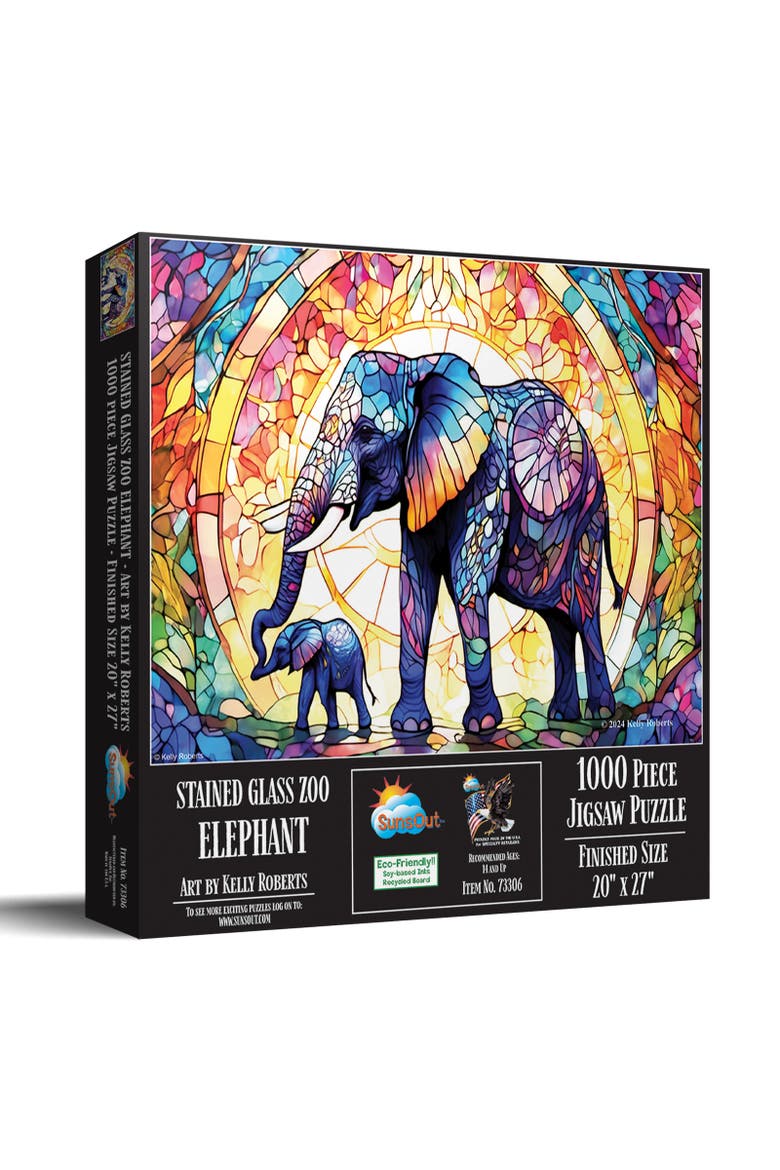 Stained Glass Zoo Elephants 1000 piece Jigsaw Puzzle for Adults, Main, color, Multicolor