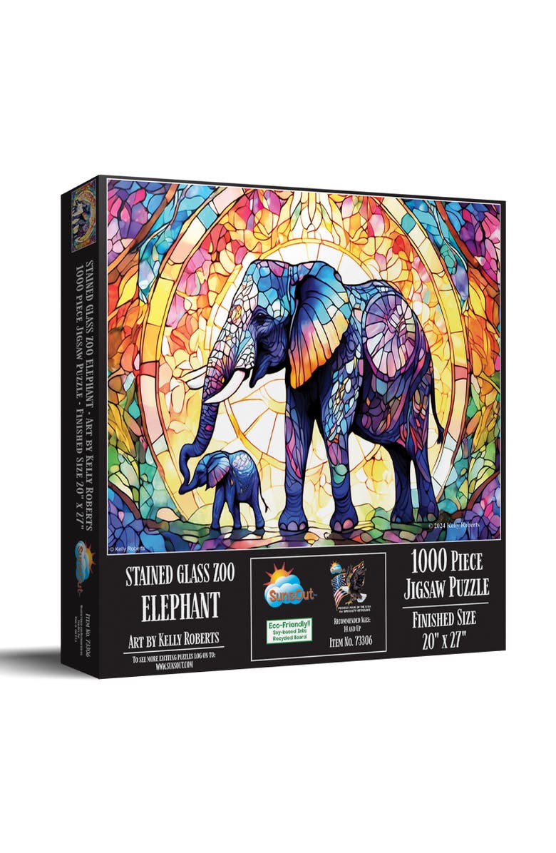 Sunsout Stained Glass Zoo Elephants 1000 piece Jigsaw Puzzle for Adults, Main, color, Multicolor