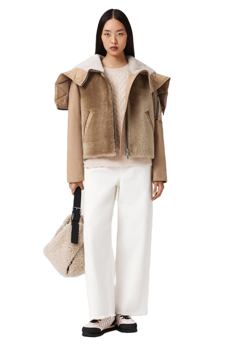 AllSaints Dexter Genuine Shearling Bomber Jacket, Alternate, color, Taupe Brown