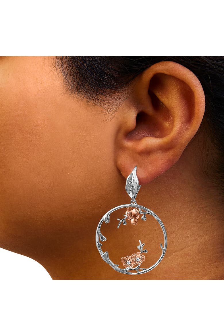 Rose Gold Plated Silver 1/10 Ct Diamond Floral Hoop Earrings, Alternate, color, White