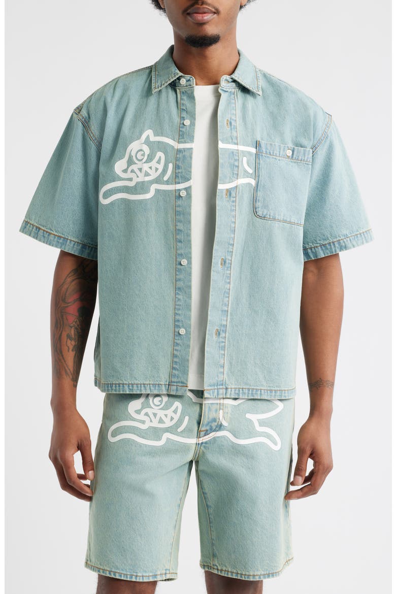 Running Dog Short Sleeve Denim Graphic Button-Up Shirt, Main, color, BLUEBERRY HAZE