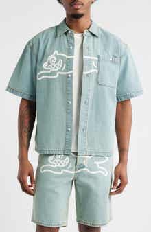 ICECREAM Running Dog Short Sleeve Denim Graphic Button-Up Shirt