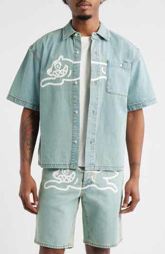 ICECREAM Running Dog Short Sleeve Denim Graphic Button-Up Shirt