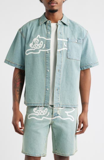 Icecream Running Dog Short Sleeve Denim Graphic Button-up Shirt In Blue