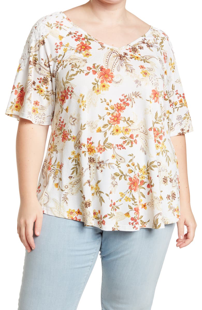 STEM AND VINE Crochet Lace Trim Short Sleeve Top, Main, color, 