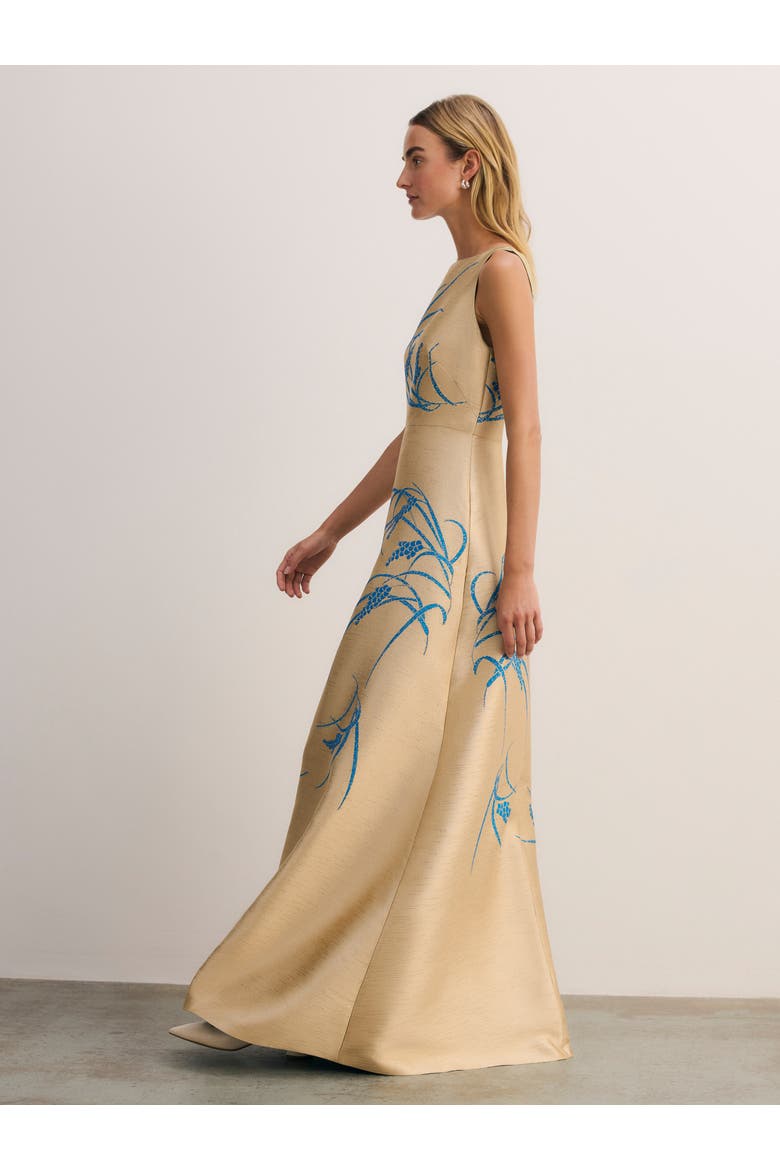 Embroidered Jacquard Maxi Gown Boat Neck, Alternate, color, Gold