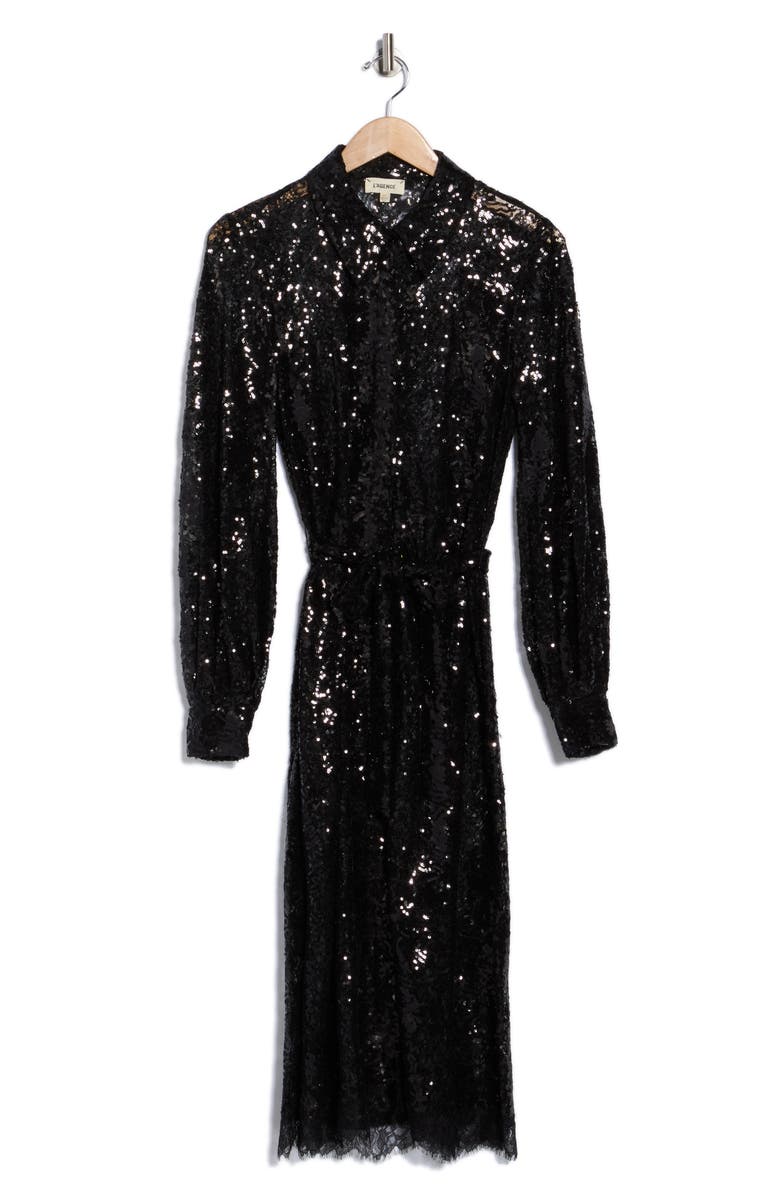 L'AGENCE Frida Long Sleeve Sequin Lace Dress, Alternate, color, Black