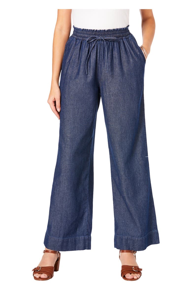 Roaman's Plus Size Pull On Wide Leg Chambray Pant, Main, color, Medium Wash