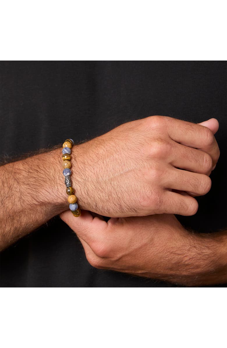 Lucky Brand Jasper and Tigers Eye Beaded Elastic Bracelet, Alternate, color, Brown, Blue