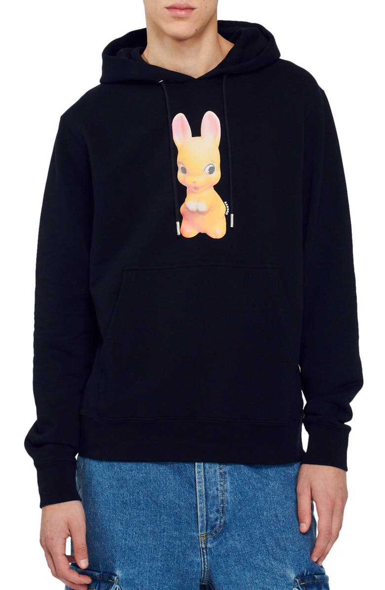 SANDRO Rabbit Cotton Graphic Hoodie, Main, color, Black