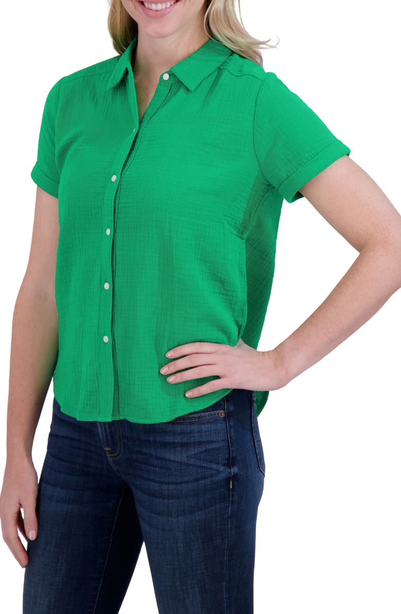 Lucky Brand Short Sleeve Cotton Gauze Button-Up Shirt, Alternate, color, Jelly Bean