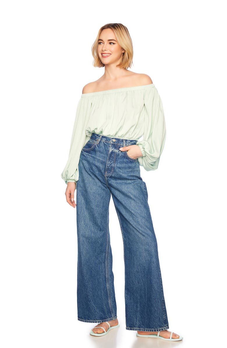 Susana Monaco Off the Shoulder Matte Satin Blouson Bodysuit, Alternate, color, Mint Chip