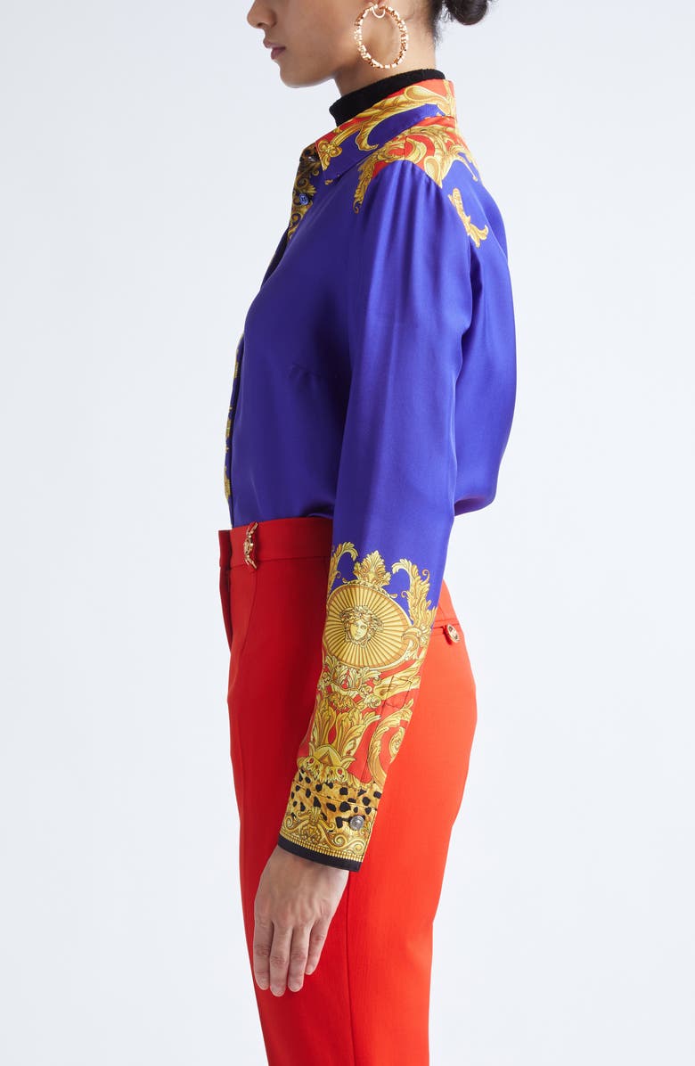 Versace Formal Cheetah Barocco Print Silk Button-Up Shirt, Alternate, color, Ultramarine Scarlet