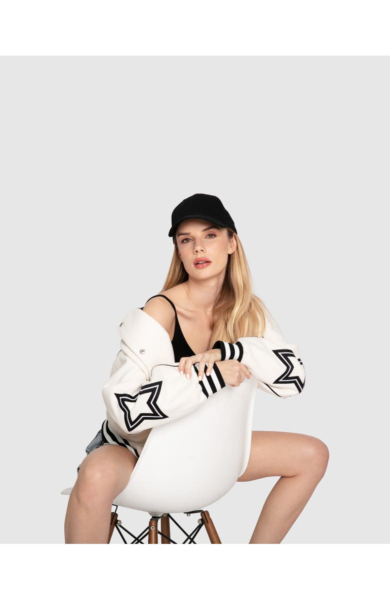 Belle & Bloom Hold Me Close Letterman Bomber, Alternate, color, White