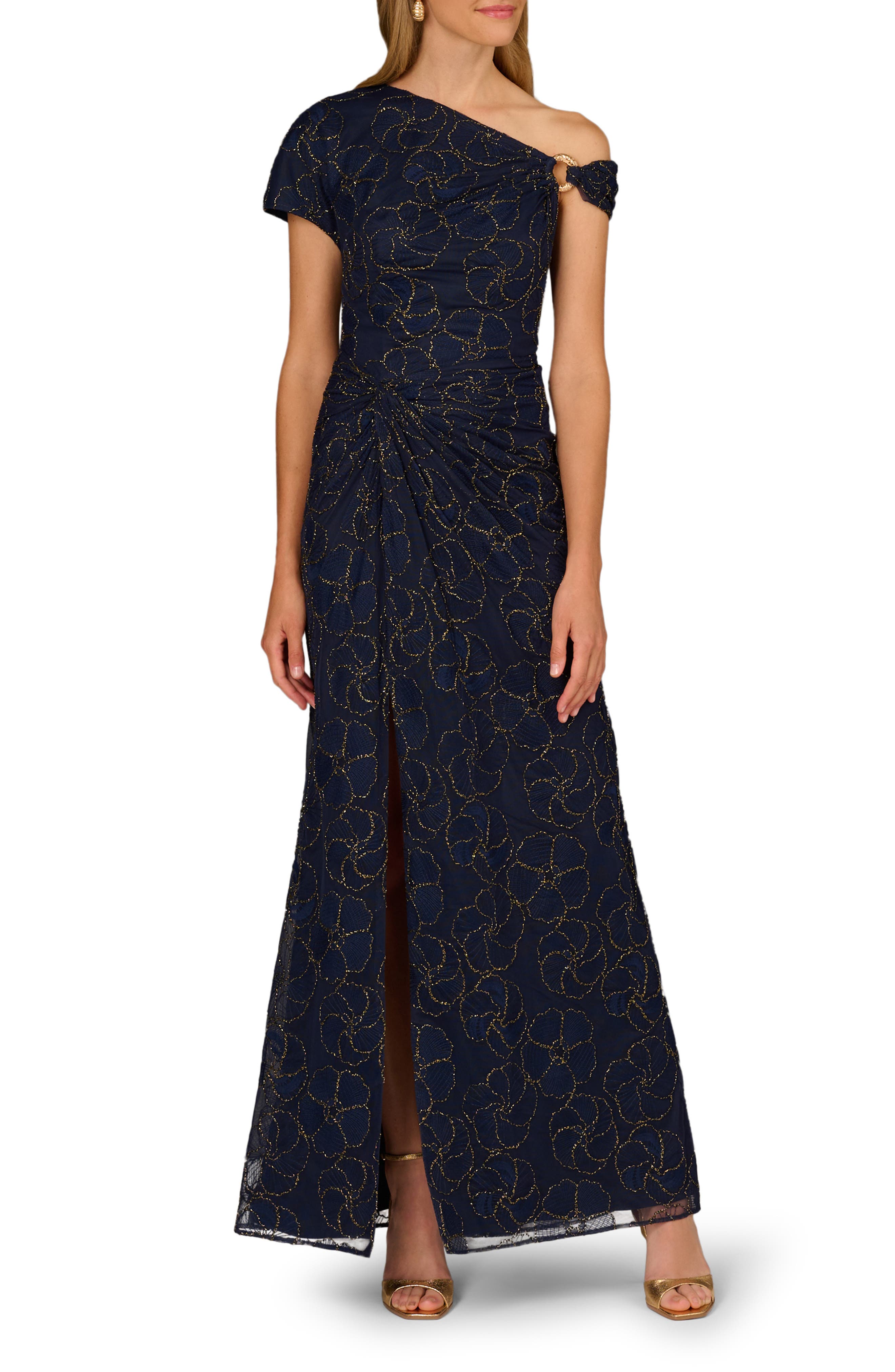 Metallic Floral One-Shoulder Gown