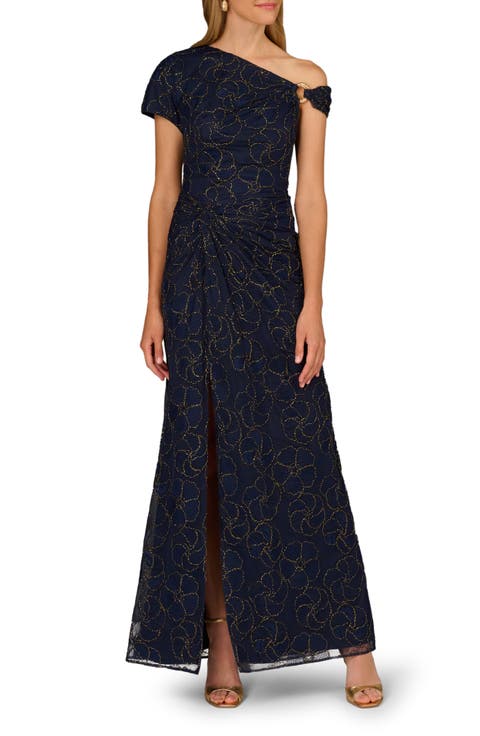 Metallic Floral One-Shoulder Gown