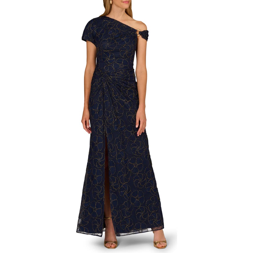 Aidan Mattox Metallic Floral One-shoulder Gown In Black